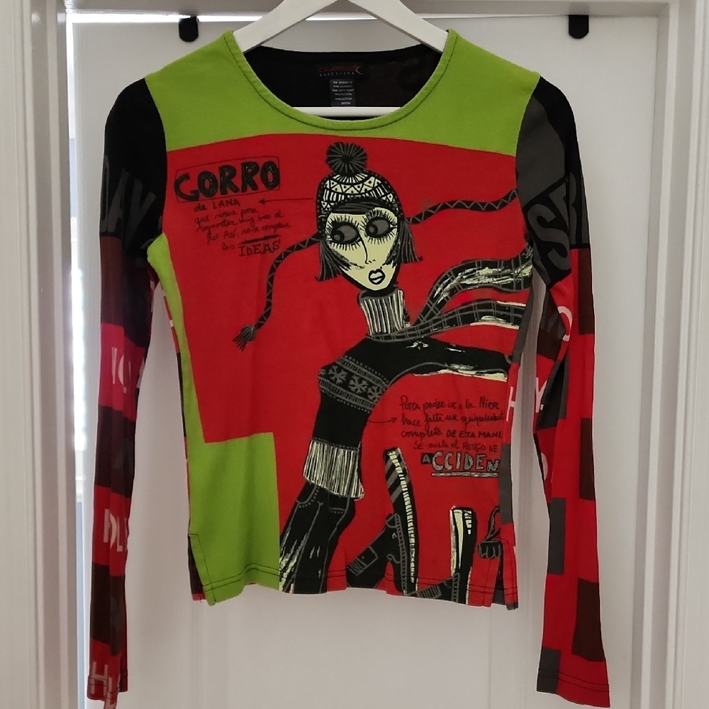 Custo Barcelona Designer European Rare Vintage Graphic Cotton Top sz2 Winter Ski